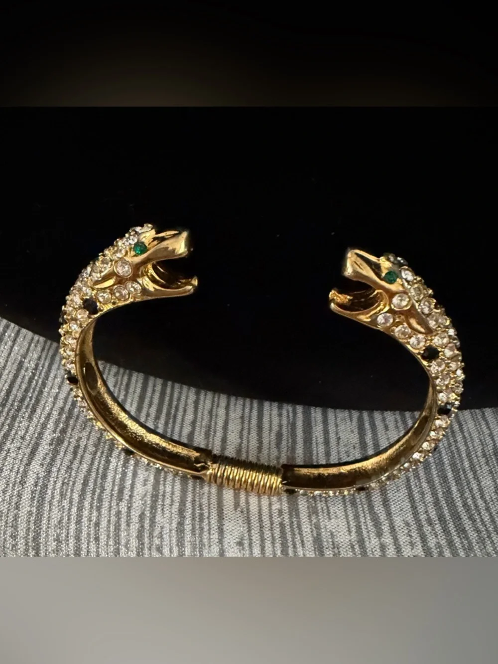 Vintage Kenneth Lane Gold Double-Headed Serpent Cuff Bracelet - Green Accent - Picture 1 of 7